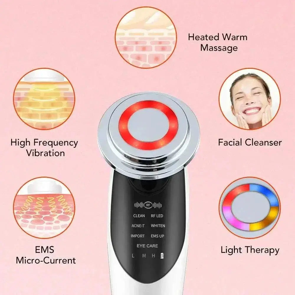 EMS Face Lifting Device with 7-in-1 LED therapy, microcurrent, heated massage, vibration, facial cleanser, and light therapy functions for anti-aging skincare.