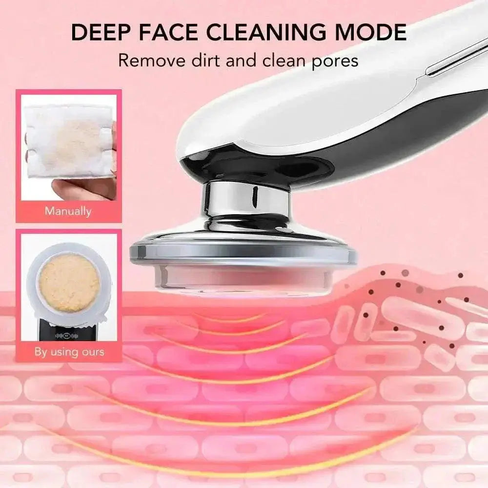 EMS Face Lifting Device showing deep face cleaning mode removing dirt and cleaning pores with microcurrent technology.