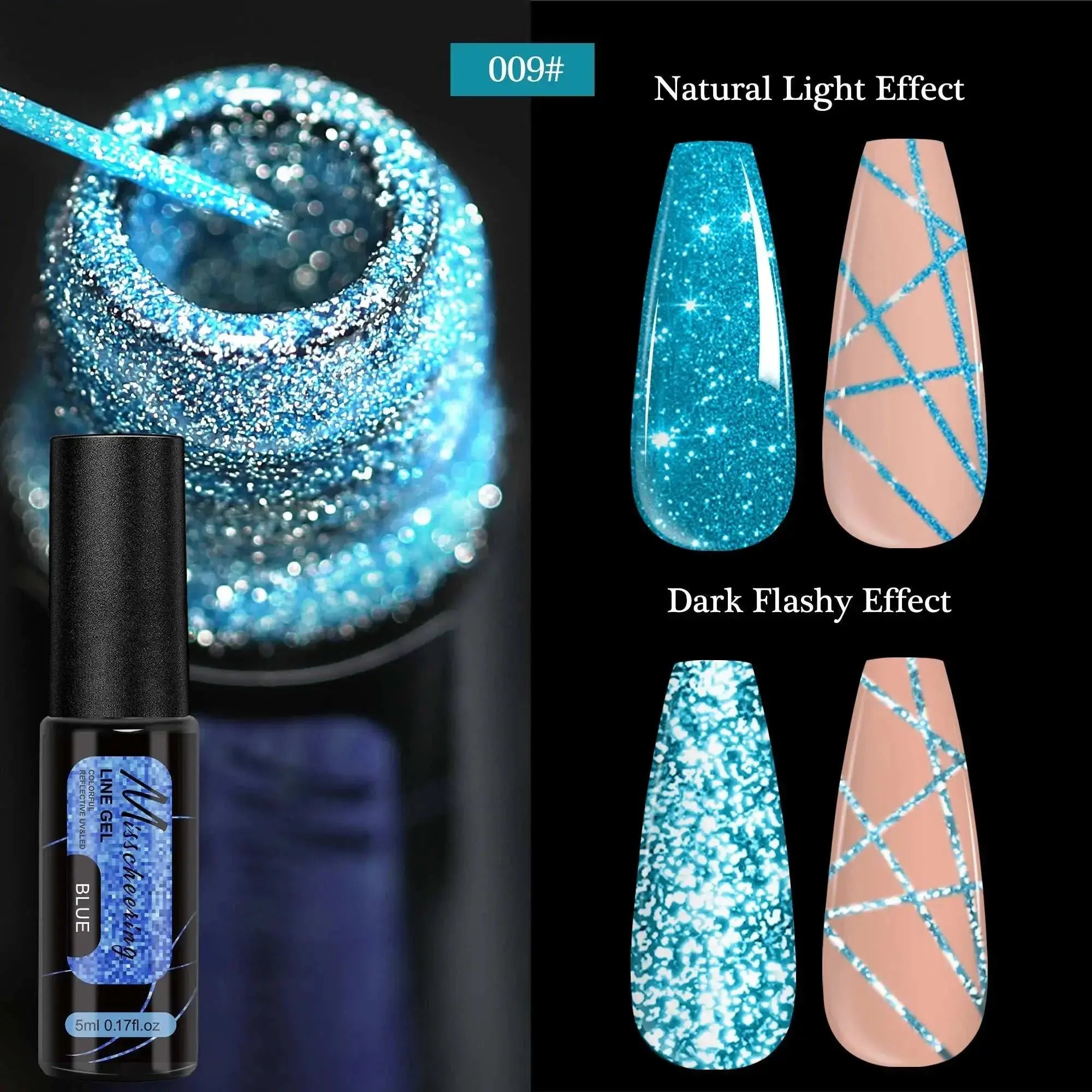 chrome mirror nail gel Blue glitter gel polish with natural and dark light effects, shown on nails.