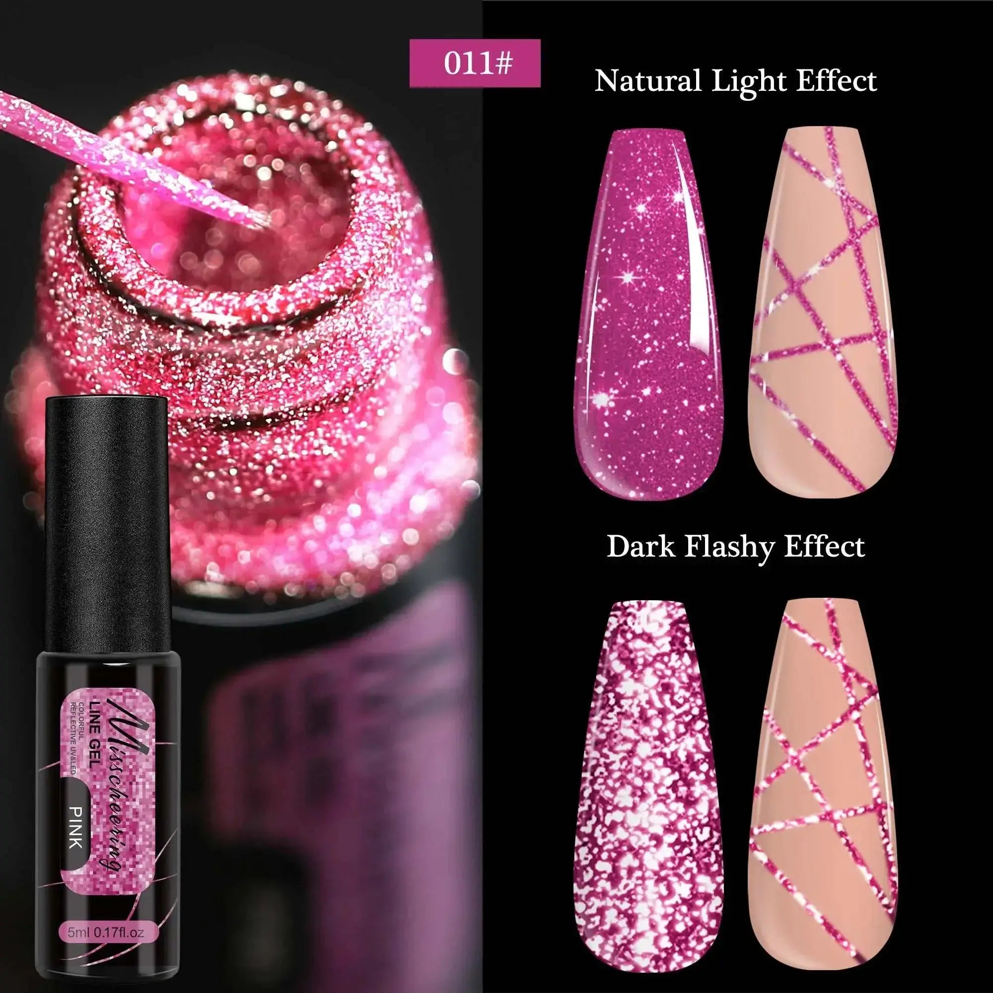 chrome mirror nail gel Pink glitter nail polish bottle with swatches showing natural and dark flashy effects