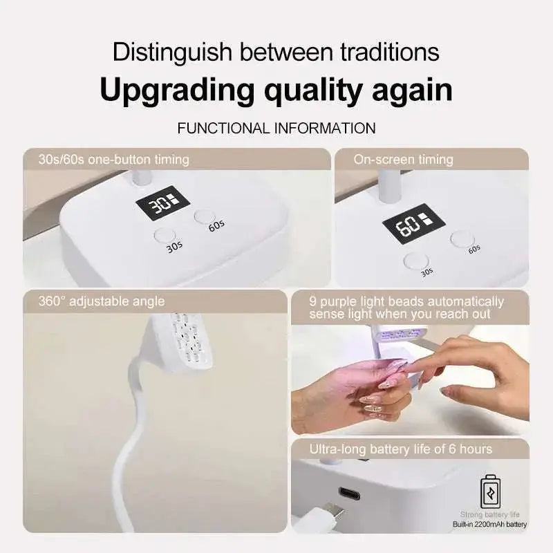 Wireless UV nail dryer with 9 LED lights, 360° adjustability, quick-dry design, one-button timer, and 6-hour battery life for gel nails.