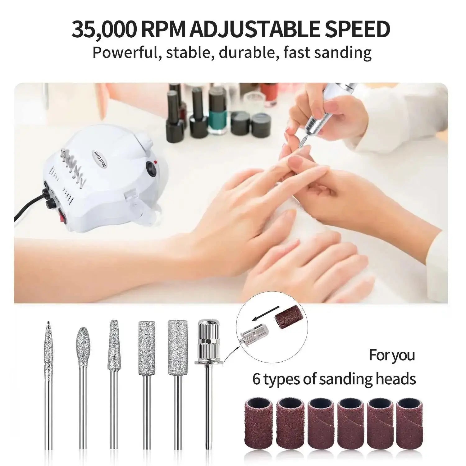 35000RPM electric nail drill set with adjustable speed featuring sanding heads for professional manicure and pedicure