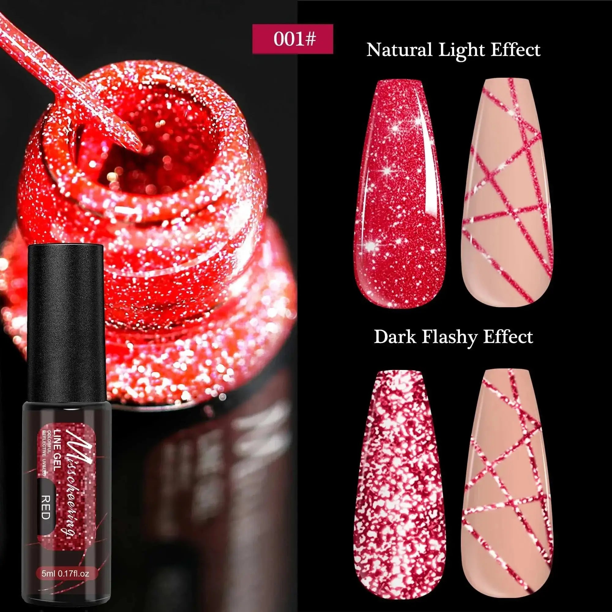 chrome mirror nail gel Red glitter gel polish showing natural and dark effects for nail art designs.