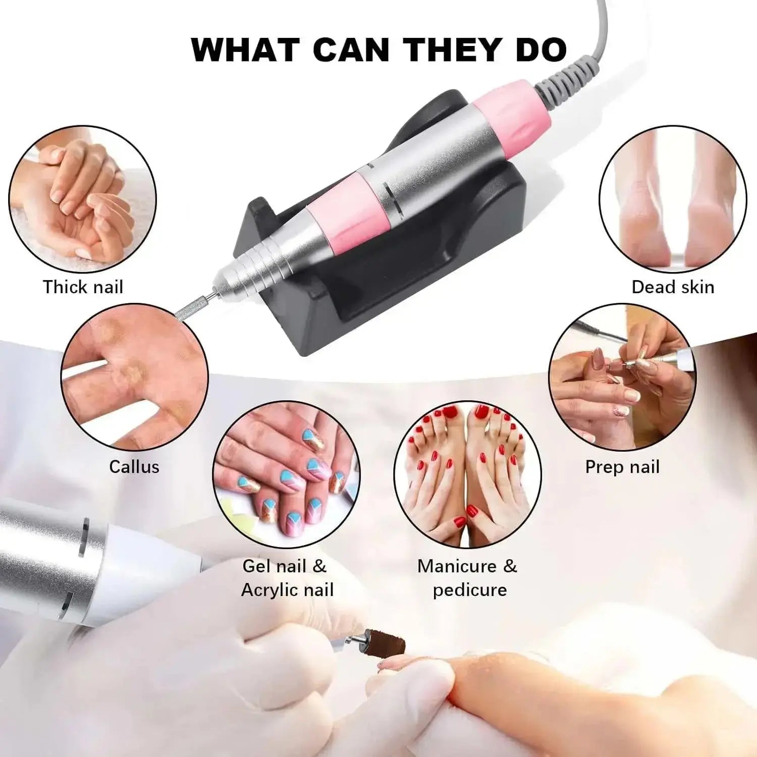 35000RPM electric nail drill set showcasing various uses including thick nail filing, dead skin removal, and gel nail polishing.