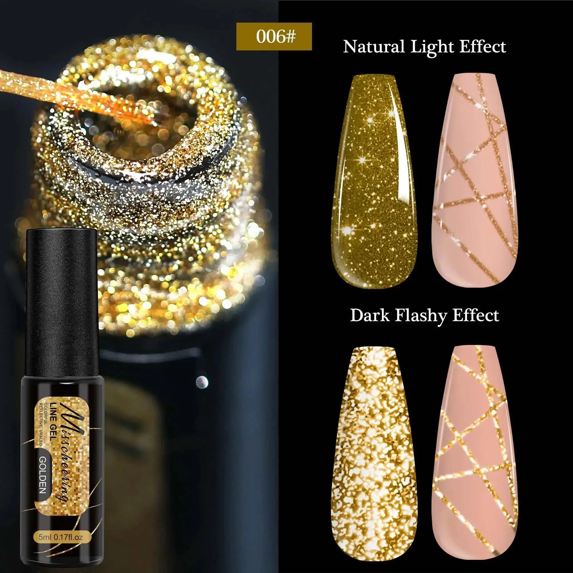 chrome mirror nail gel in gold with natural and dark light effects displayed on swatches and bottle.
