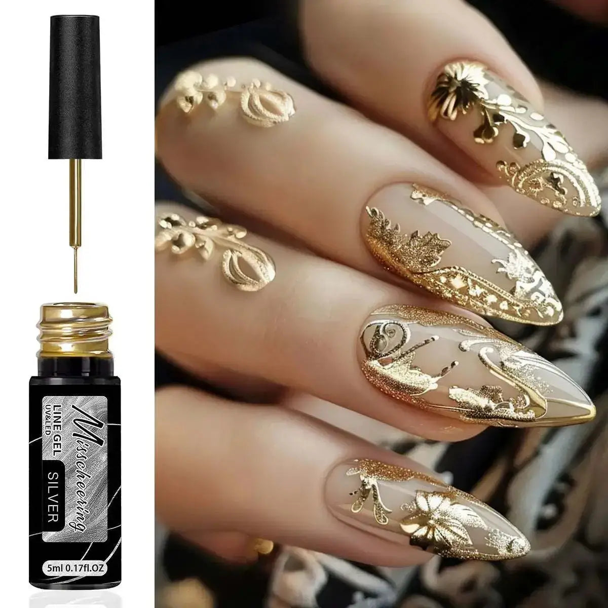 chrome mirror nail gel Elegant nail art featuring metallic silver and gold created with chrome mirror nail gel, showcasing a luxurious and reflective manicure.