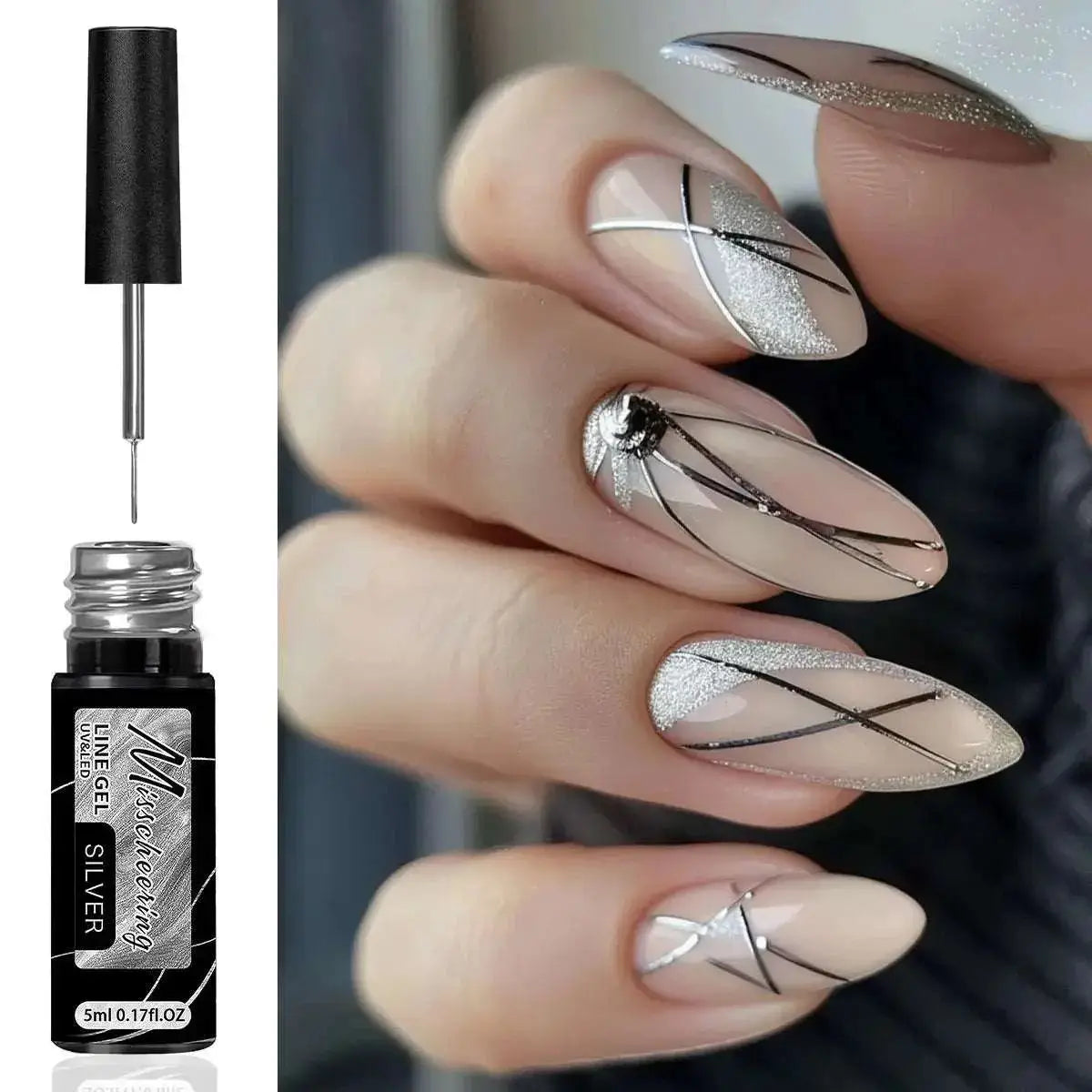 Chrome mirror nail gel in metallic silver on manicured nails, showcasing a reflective finish and intricate nail art design.