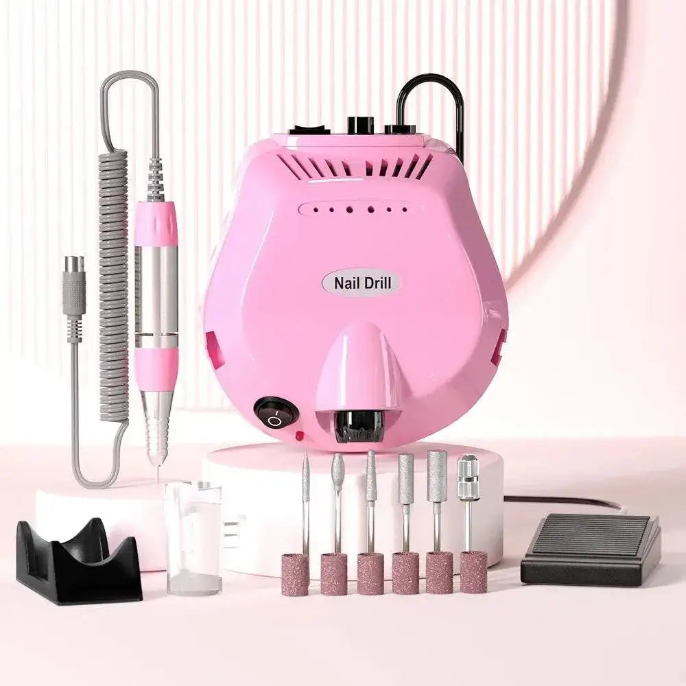 35000RPM electric nail drill set with pink manicure machine, various cutters and polisher for nail gel applications.