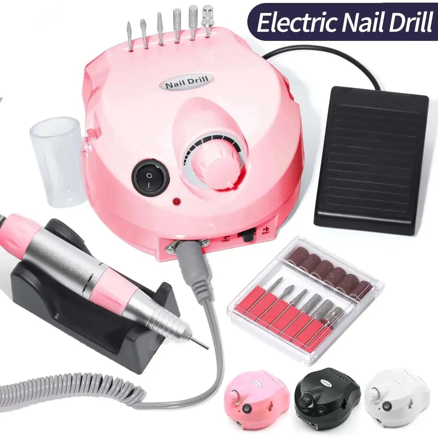 35000RPM electric nail drill set with pink, black, and white options, featuring nail polisher, cutter, and foot pedal.