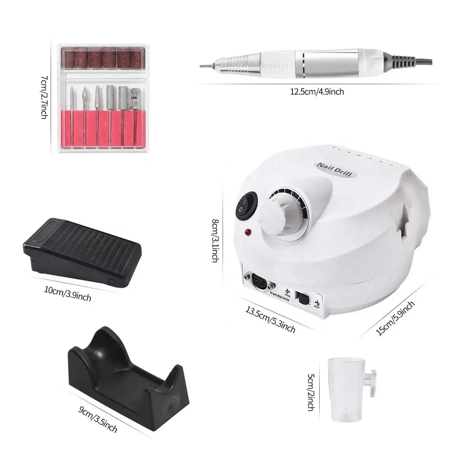 35000RPM electric nail drill set featuring nail drill, bits, foot pedal, and accessories for professional manicure and pedicure.