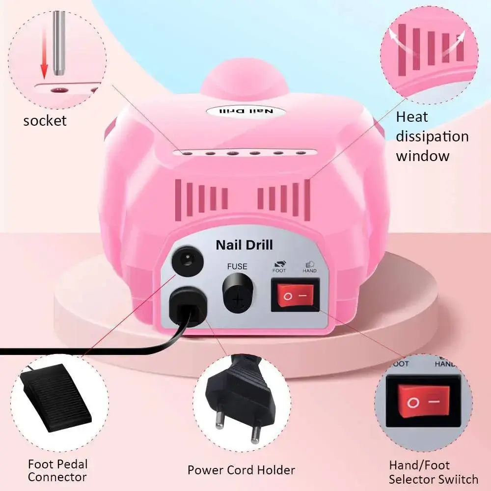 Rear view of 35000RPM electric nail drill set with labeled features including socket, heat dissipation window, and connectors.