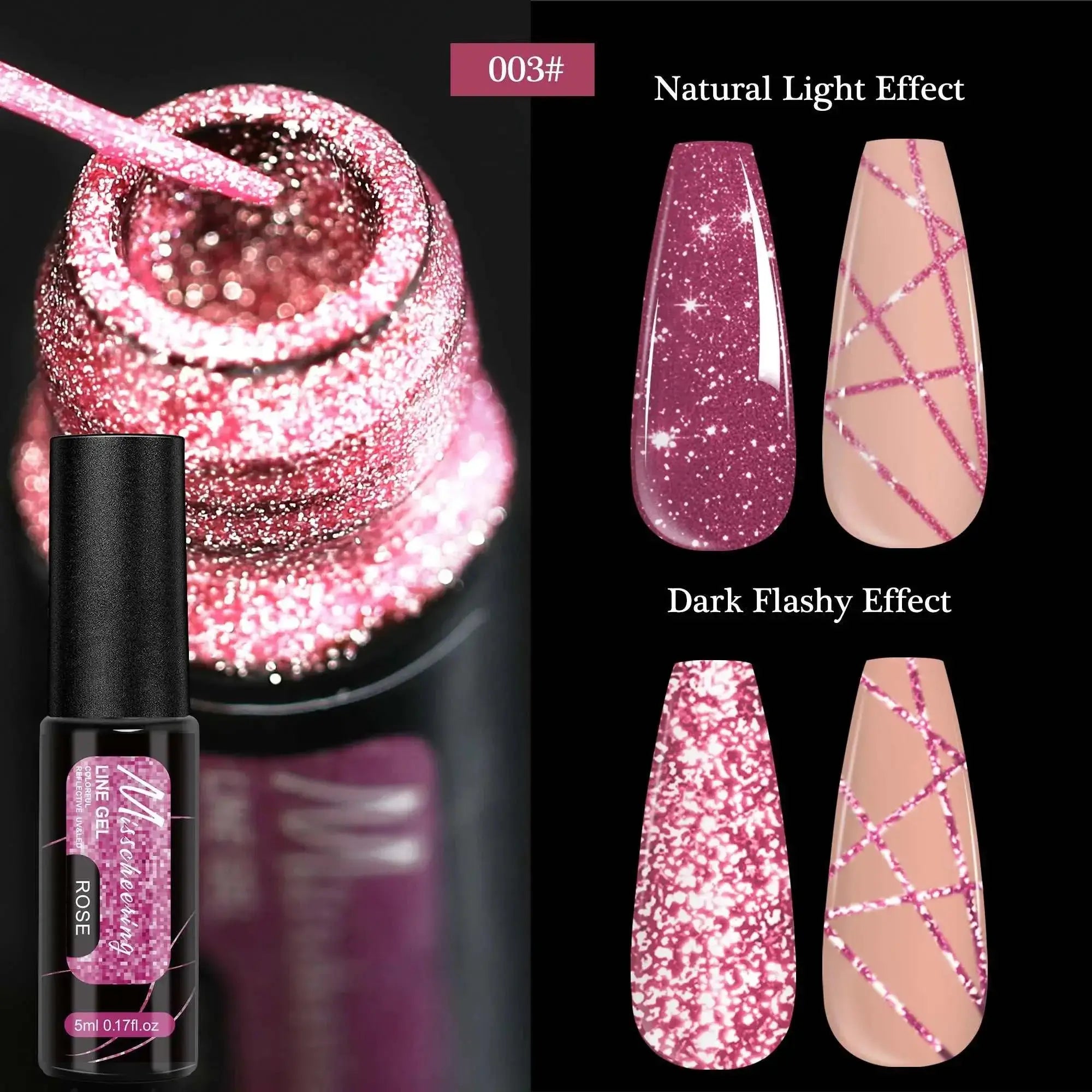 chrome mirror nail gel Bottle of pink glitter nail polish with swatches showing natural and dark light effects.