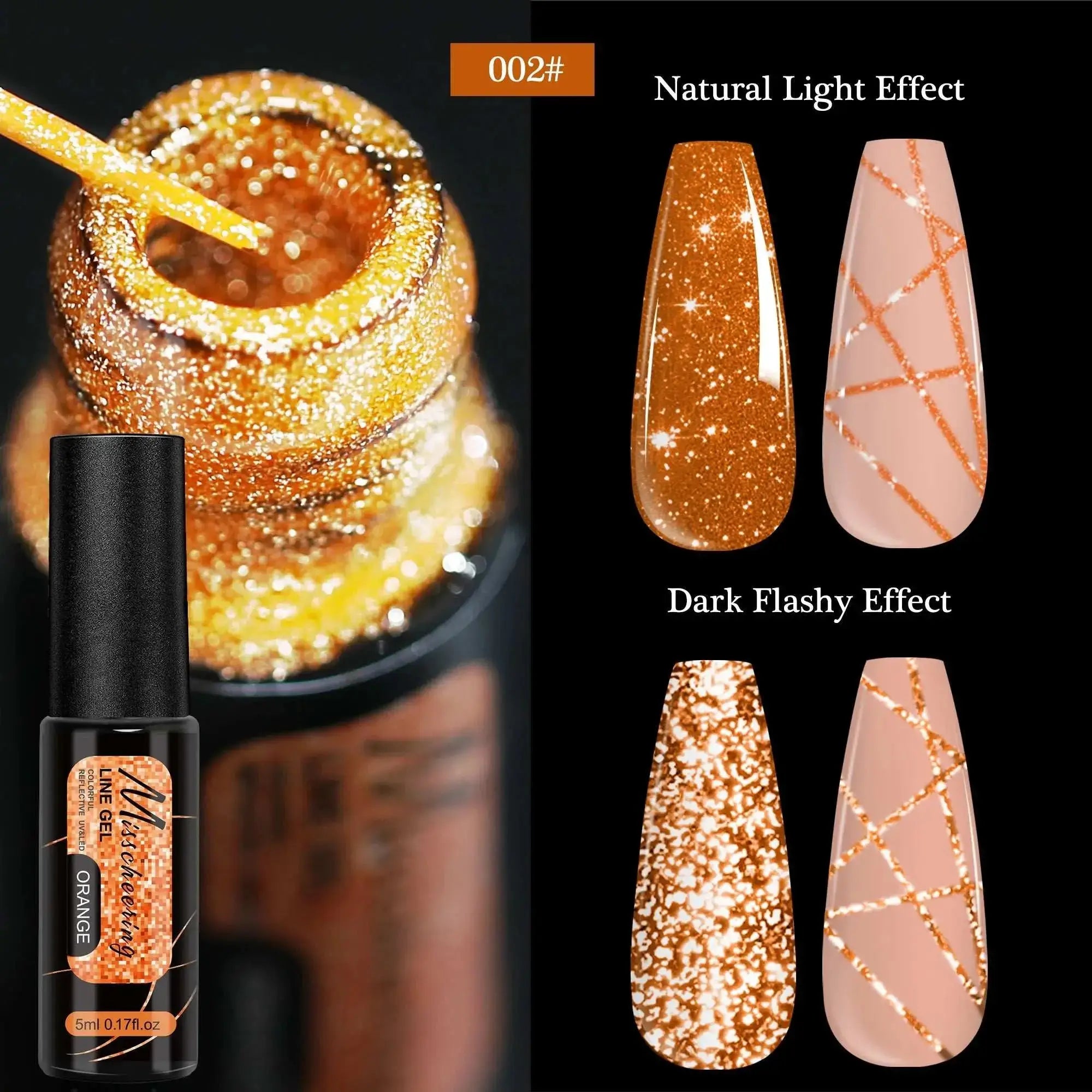 Chrome mirror nail gel in dazzling metallic gold with natural and dark flashy effects for stunning, salon-quality nail art designs.