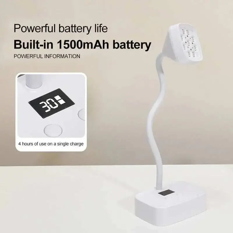 Rechargeable UV desk lamp with 9 LEDs and 360° bendable design, featuring built-in 1500mAh battery for a wireless UV nail dryer.