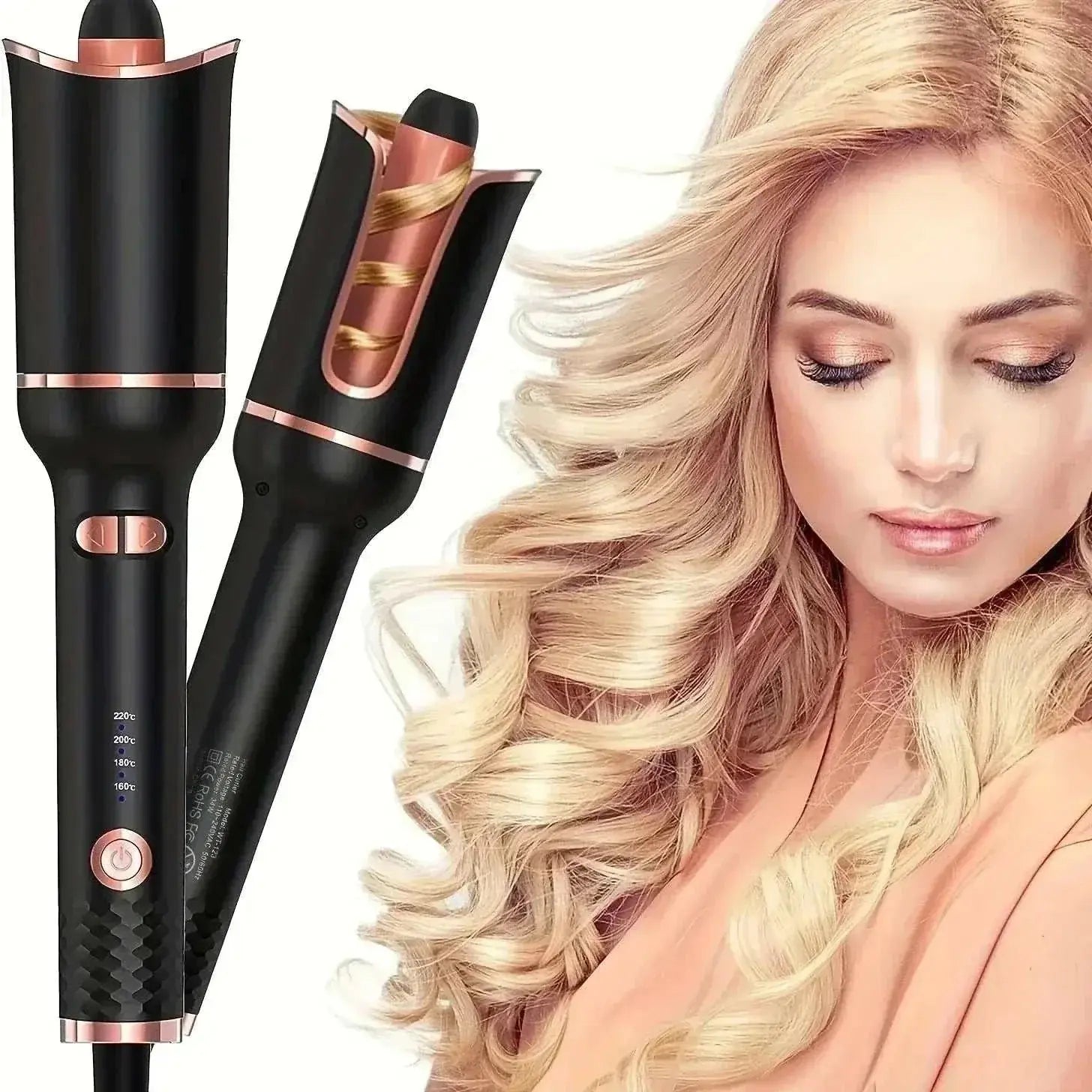 Automatic rotating hair curler with ceramic barrel styling blonde hair into smooth curls