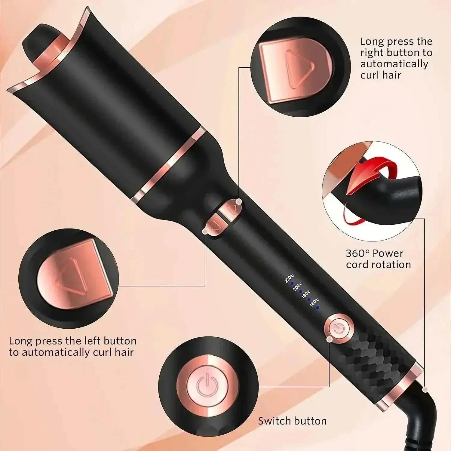 Automatic rotating hair curler with ceramic barrel, adjustable temperature, 360-degree rotating power cord, and automatic curl buttons for salon-quality curls.