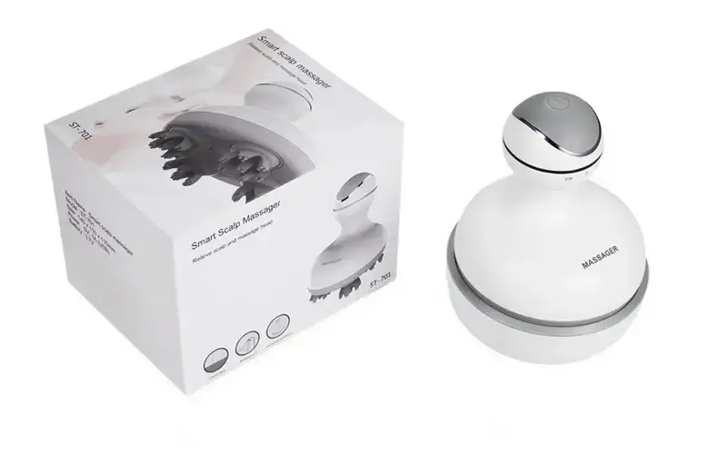 Cordless electric scalp massager with rotating nodes for hair growth and stress relief, handheld and waterproof design.
