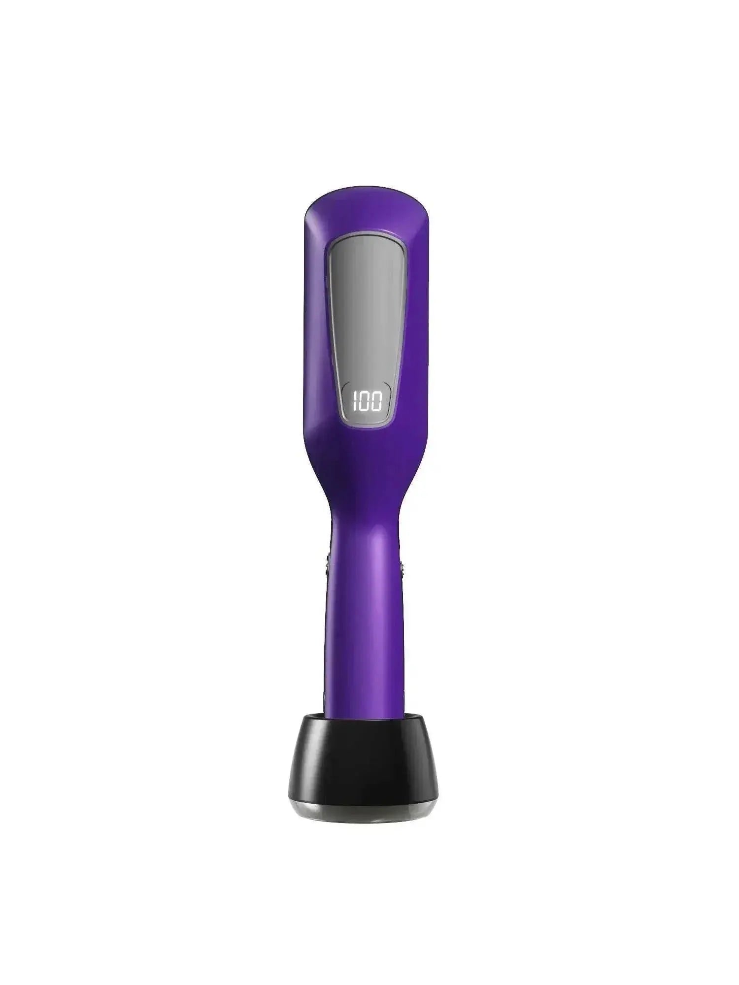 Purple cordless hair ends trimmer with digital display and black base stand for split end removal.
