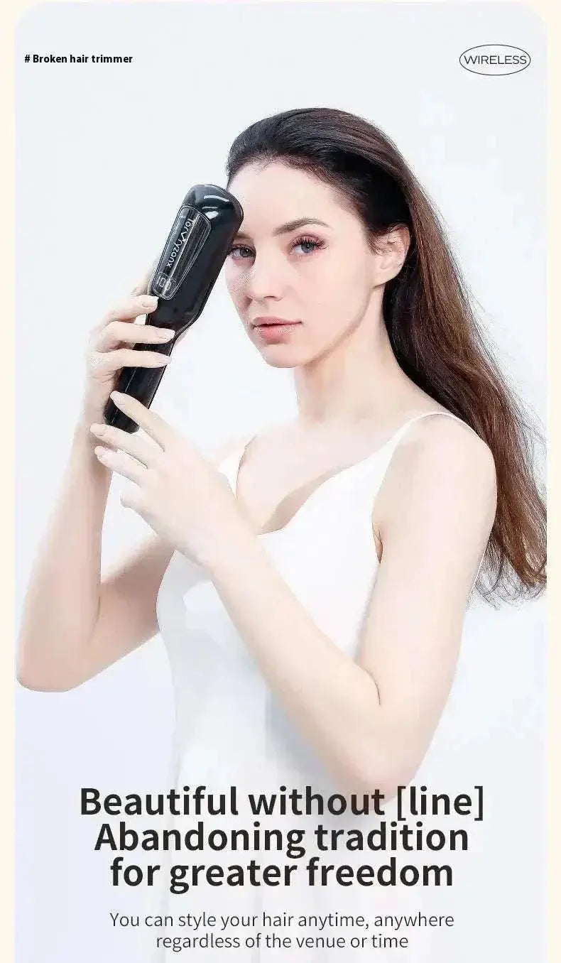 Woman using a cordless hair ends trimmer for split end removal at home