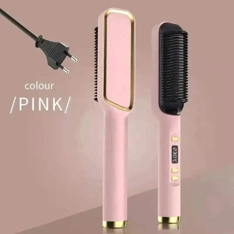 Electric Hair Straightening Comb in pink color with heat settings and anti-scald design, ideal for smooth, frizz-free hair.