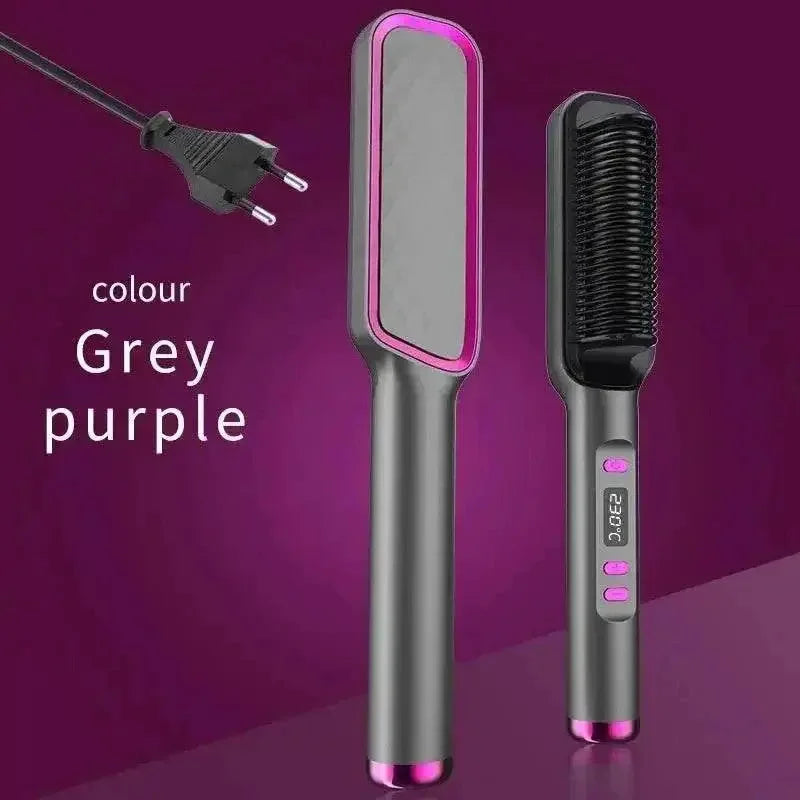 Electric hair straightening comb in grey and purple with power plug and controls for easy styling.