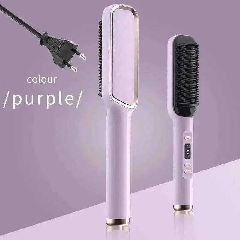 Purple electric hair straightening comb with digital temperature display and anti-scald bristles, suitable for smooth, frizz-free styling.