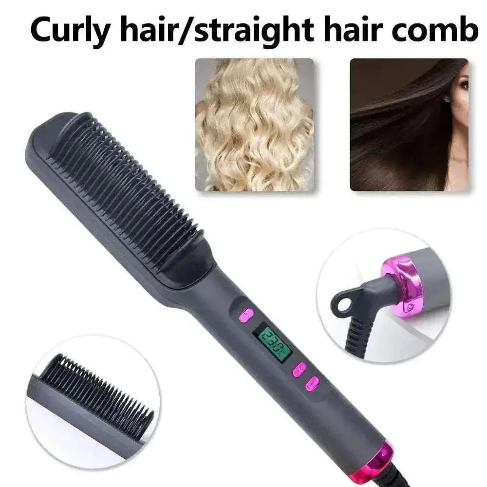 Electric hair straightening comb with digital temperature display and anti-scald design for smoothing and straightening all hair types.