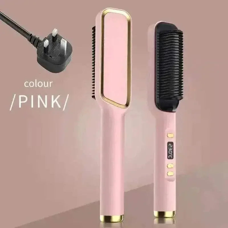 Pink electric hair straightening comb with anti-scald design and digital display, suitable for all hair types.