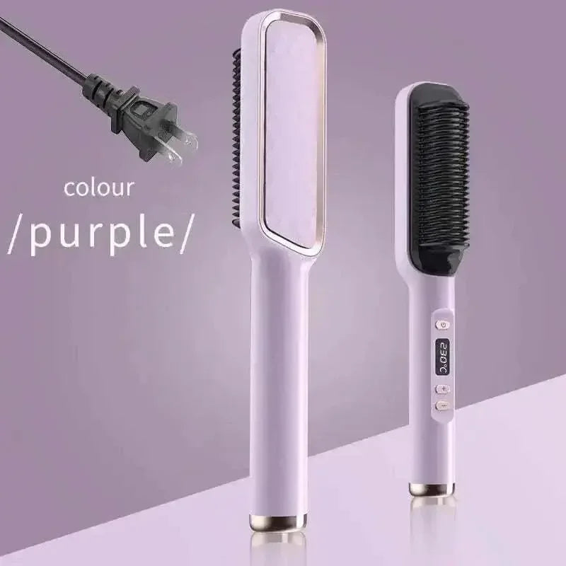 Electric hair straightening comb in purple with anti-scald design and plug, perfect for all hair types.