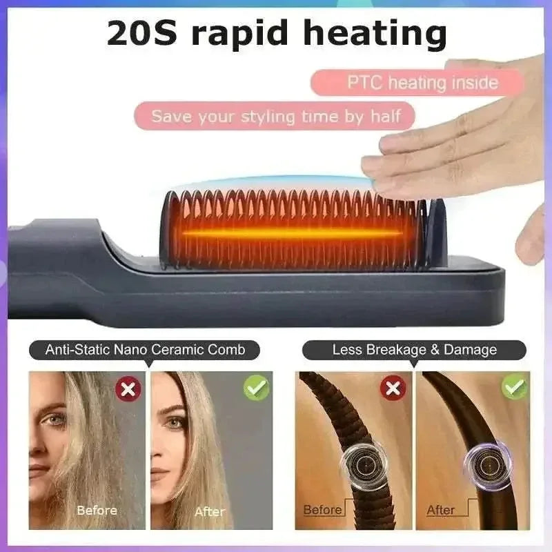 Electric Hair Straightening Comb with rapid 20-second heating, anti-static nano ceramic comb for smooth, frizz-free hair and reduced breakage.