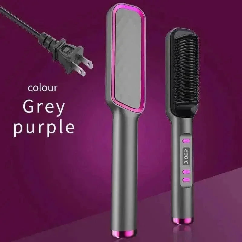 Electric Hair Straightening Comb in grey and purple with anti-scald design and heat settings, perfect for all hair types.