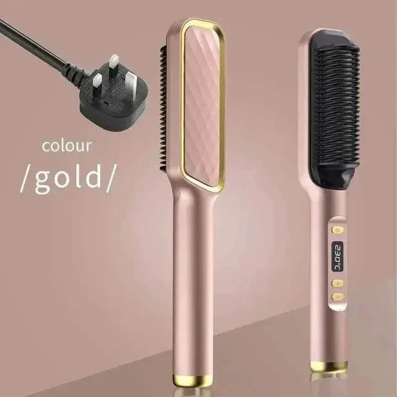 Gold electric hair straightening comb with anti-scald design and digital display for smooth, frizz-free hair styling.