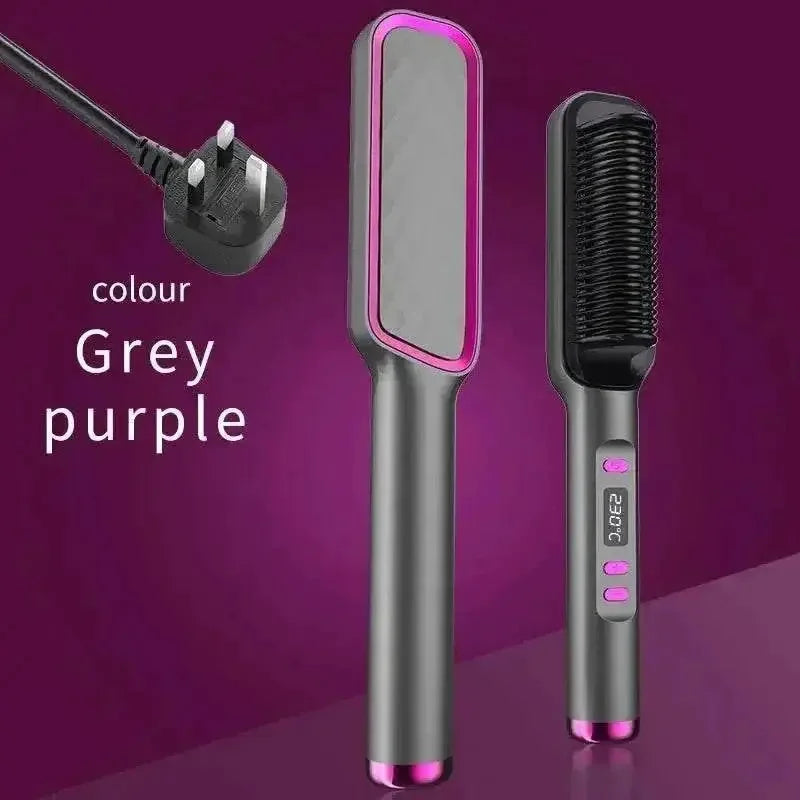 Electric hair straightening comb in grey and purple, featuring unique anti-scald design and advanced heat technology.
