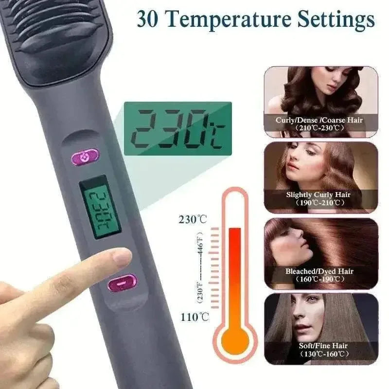 Electric hair straightening comb with digital display and 30 temperature settings for all hair types including curly, slightly curly, bleached, and fine hair.