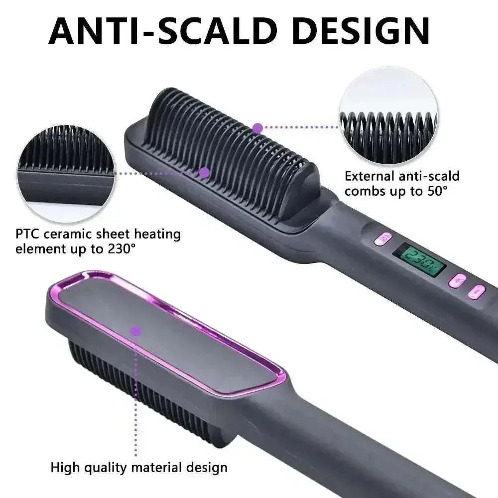 Electric hair straightening comb with anti-scald design, PTC ceramic heating up to 230°C, and digital display for safe, smooth styling.