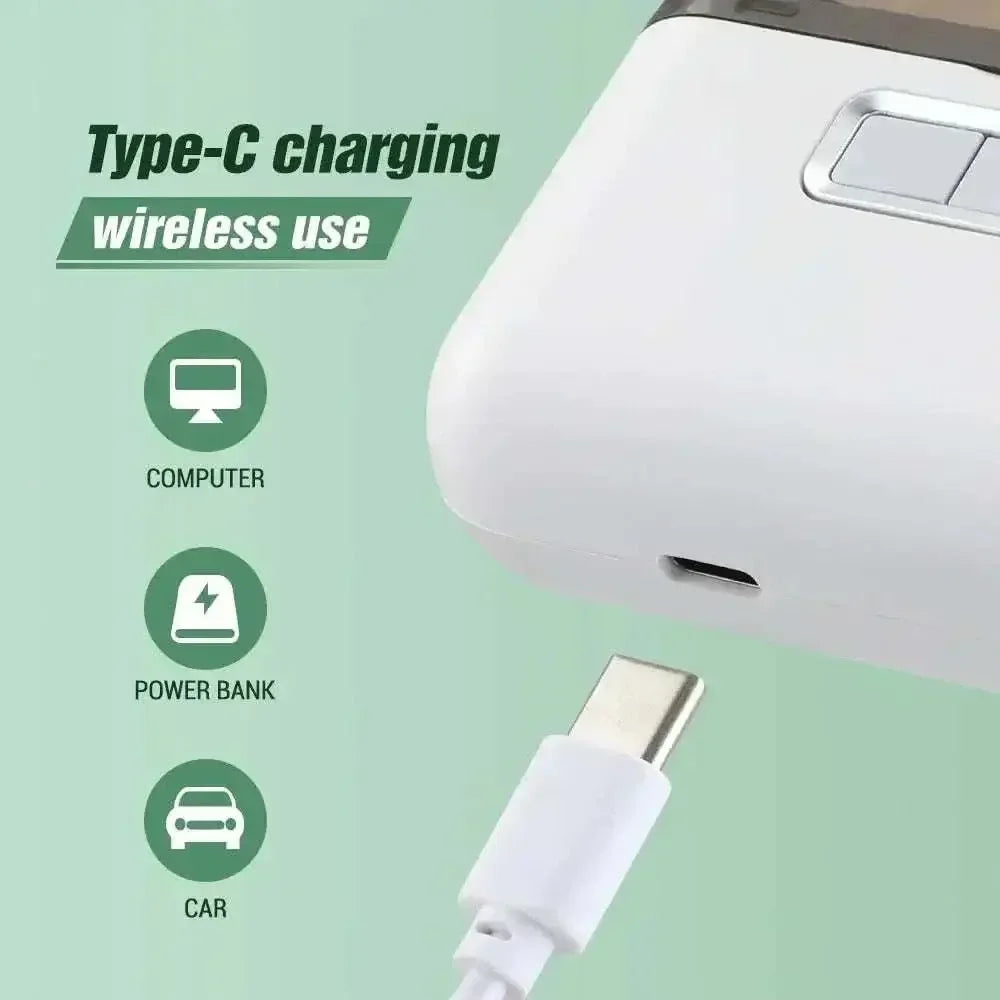 Close-up of Electric USB Nail Trimmer showing Type-C charging port and compatible with computer, power bank, and car charging.