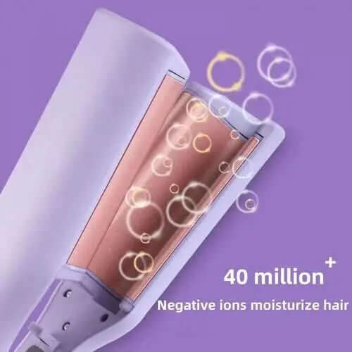 Close-up of 32mm hair curling iron with adjustable temperatures and negative ion technology for reduced frizz and healthier curls.
