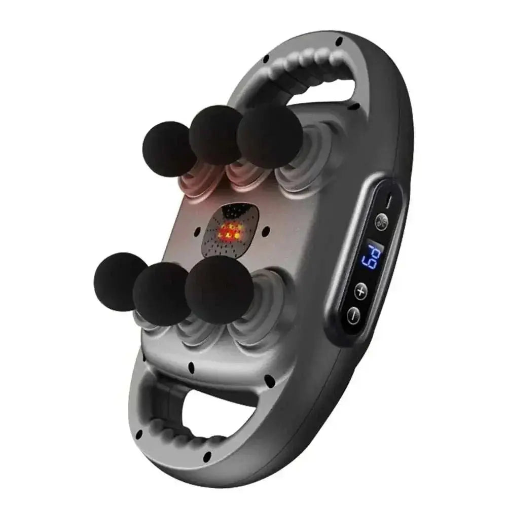 High-frequency muscle massage gun with six interchangeable heads for deep tissue vibration therapy and ergonomic handle
