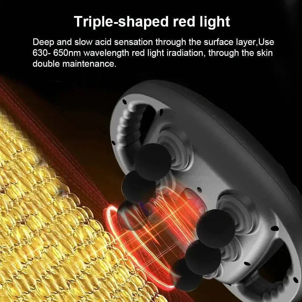 High-Frequency Muscle Massage Gun with six interchangeable heads and triple-shaped red light for deep tissue vibration therapy and muscle relief