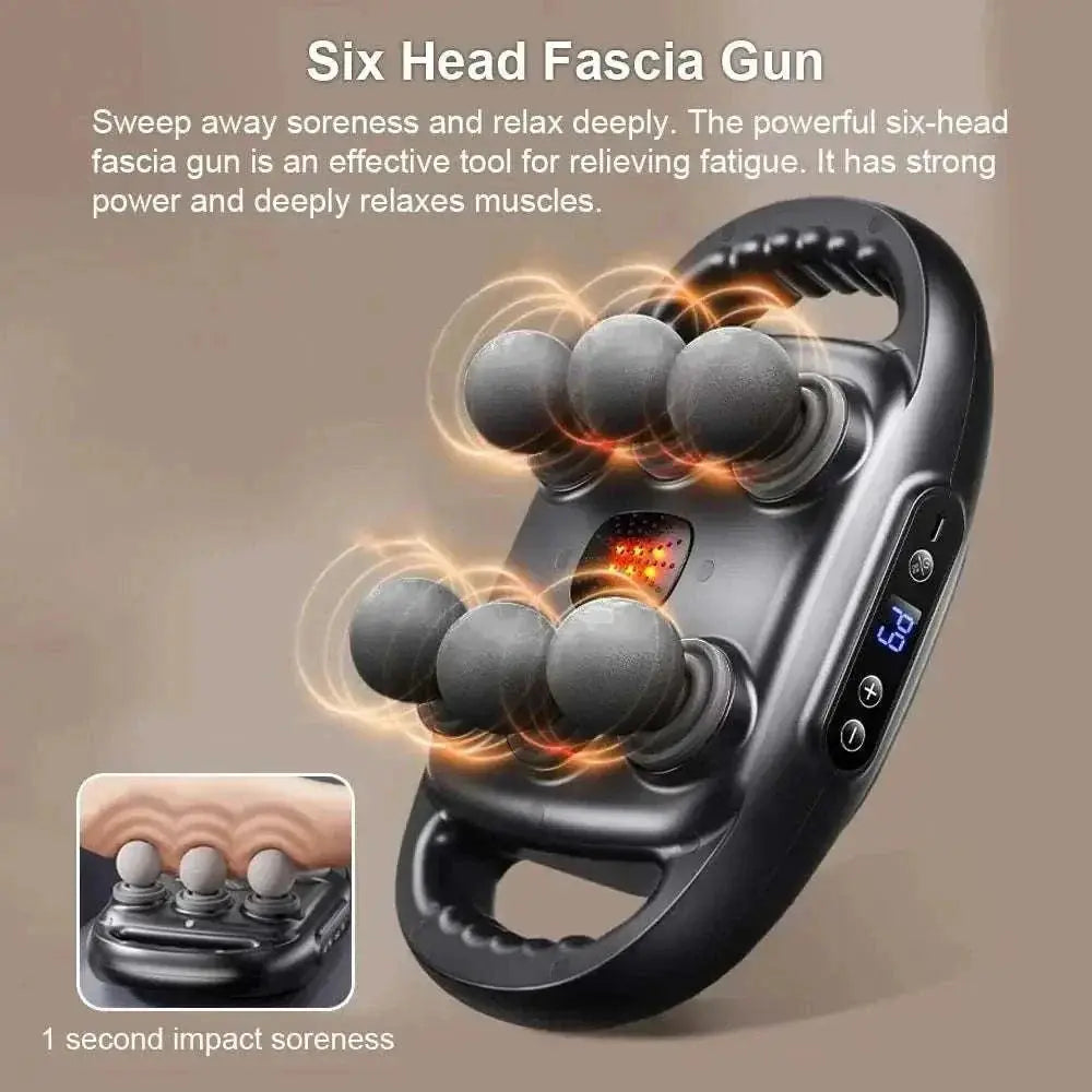 High-Frequency Muscle Massage Gun with six interchangeable heads for deep vibration therapy and muscle relief