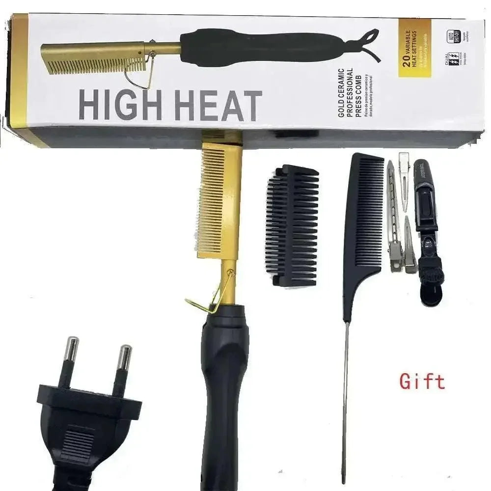 Hot Comb Hair Straightening Brush with gold ceramic press comb, adjustable temperature, and styling accessories set