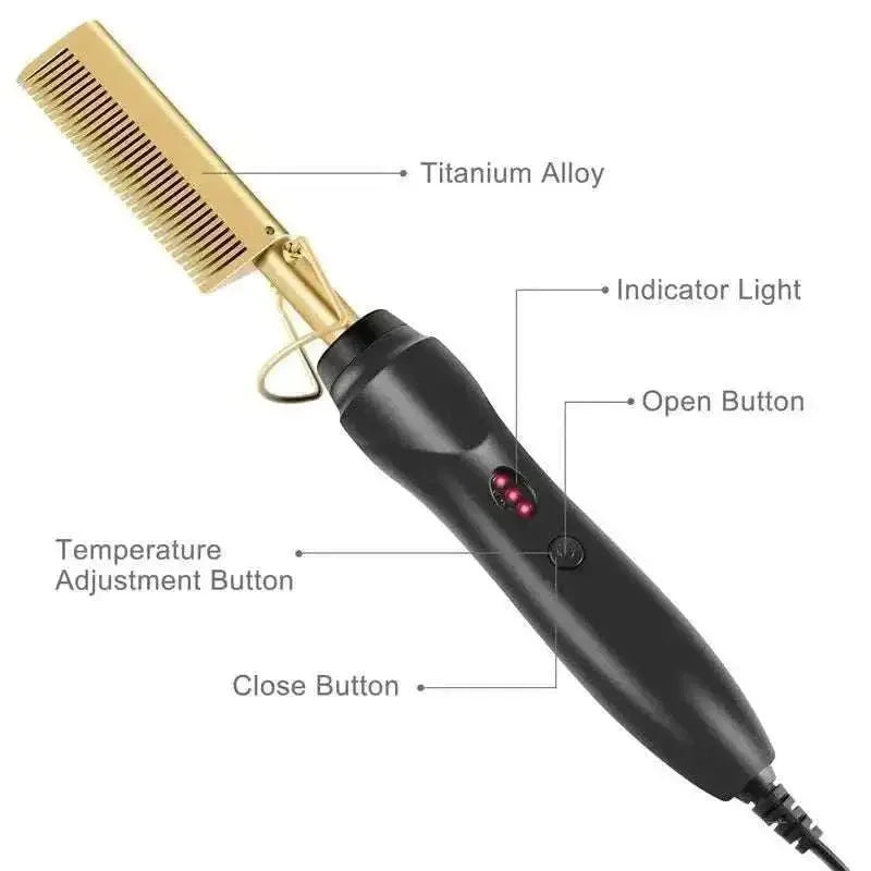 Hot Comb Hair Straightening Brush with titanium alloy comb, adjustable temperature buttons, indicator light, and ergonomic black handle for smooth, frizz-free styling