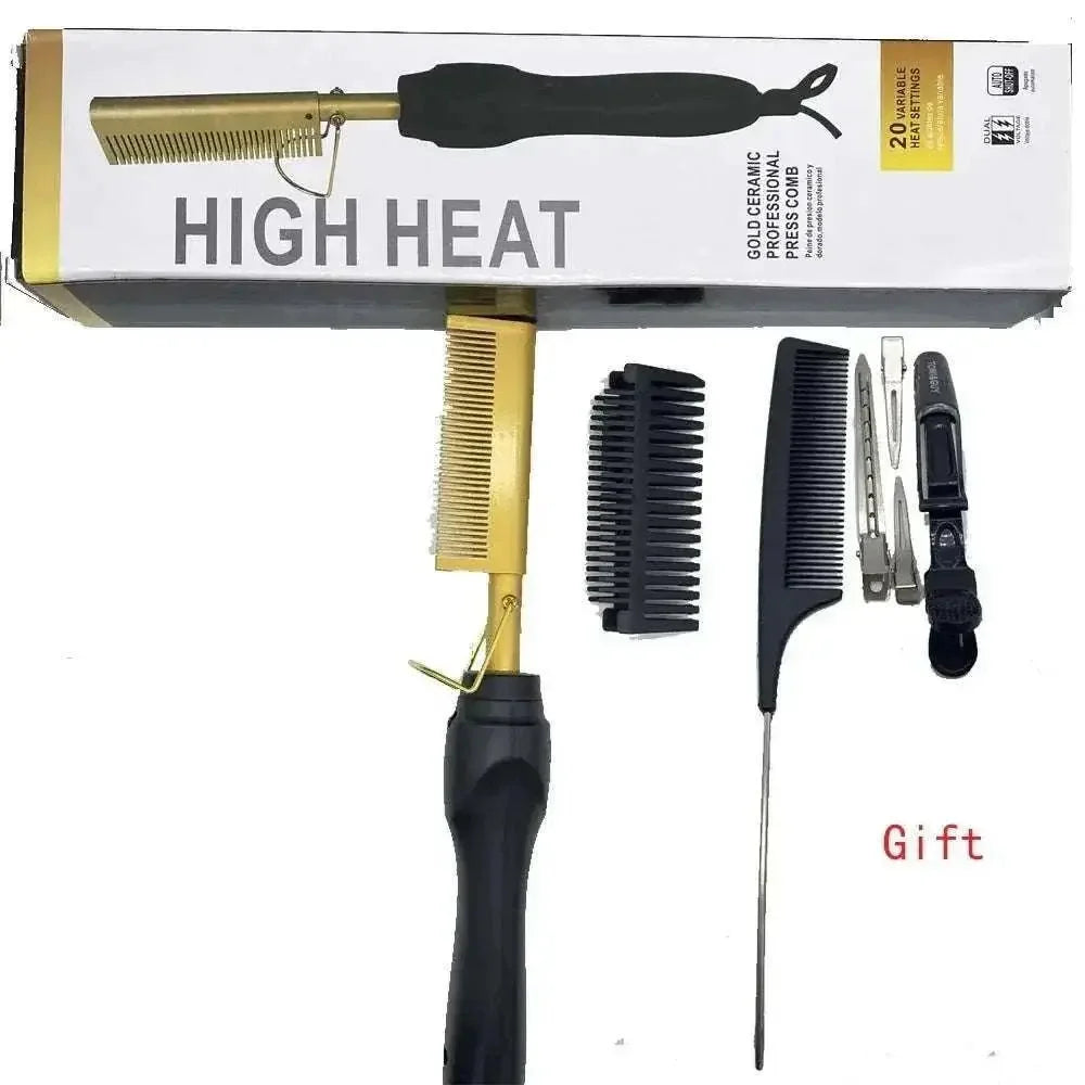 Hot Comb Hair Straightening Brush with gold ceramic pressing comb, black ergonomic handle, additional hair combs, clips, and packaging box