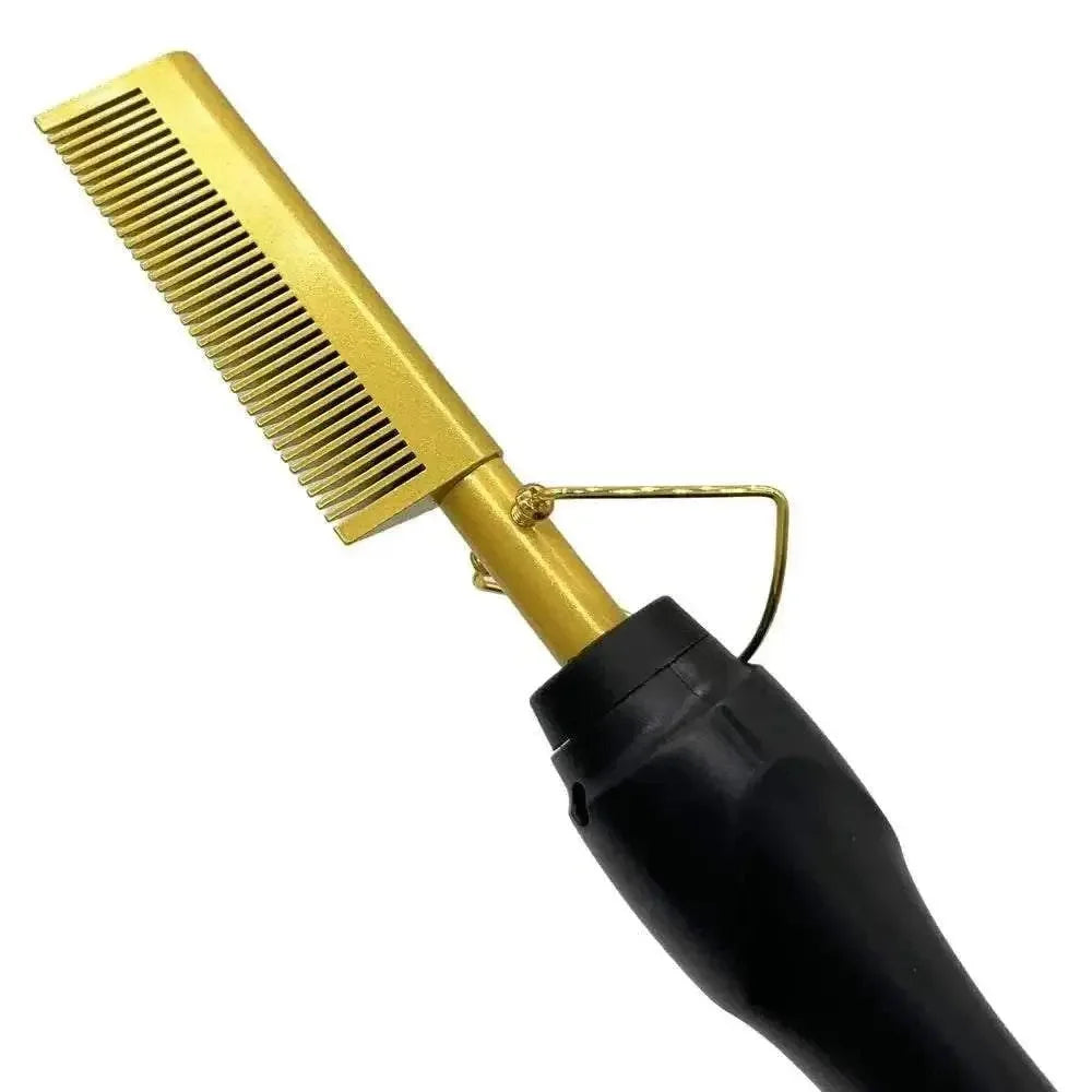 Hot Comb Hair Straightening Brush with gold comb and black ergonomic handle for smooth, frizz-free hair styling