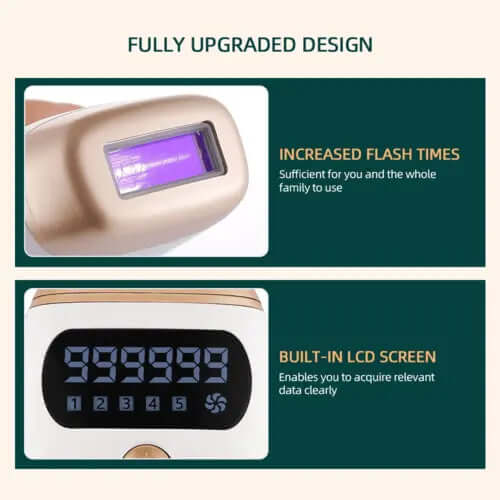 IPL laser hair removal device with 999999 flashes, built-in LCD screen, and increased flash times for painless hair removal.