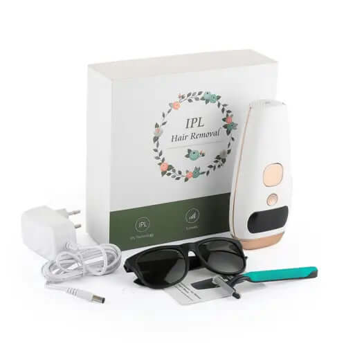 IPL laser hair removal device kit with 999999 flashes, includes hair remover, adapter, sunglasses, shaving knife, and manual in white and green design