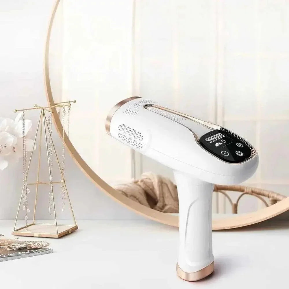 Compact IPL laser hair removal device with 999,999 pulses for home use, featuring multiple intensity levels and advanced light technology for long-lasting results.