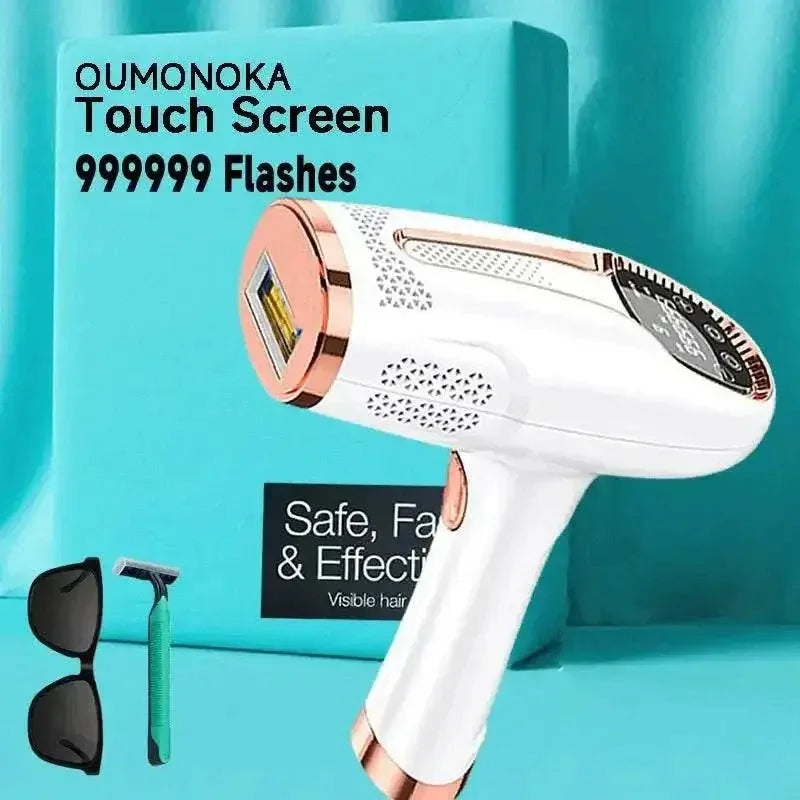 Compact IPL laser hair removal device with 999,999 flashes and touchscreen for safe, effective at-home hair reduction