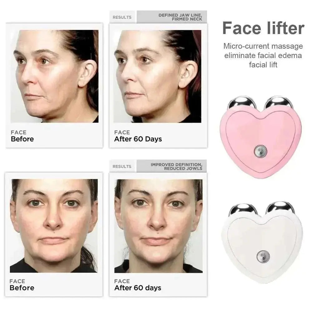 Microcurrent Face Lifting Massager with before and after photos showing improved facial tone, reduced fine lines, and firmer skin after 60 days of use, available in pink and white colors.