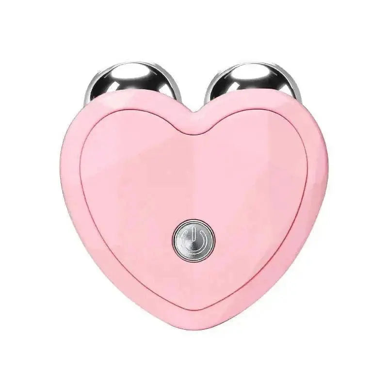 Pink heart-shaped microcurrent face lifting massager with dual metal nodes and power button for anti-aging skincare